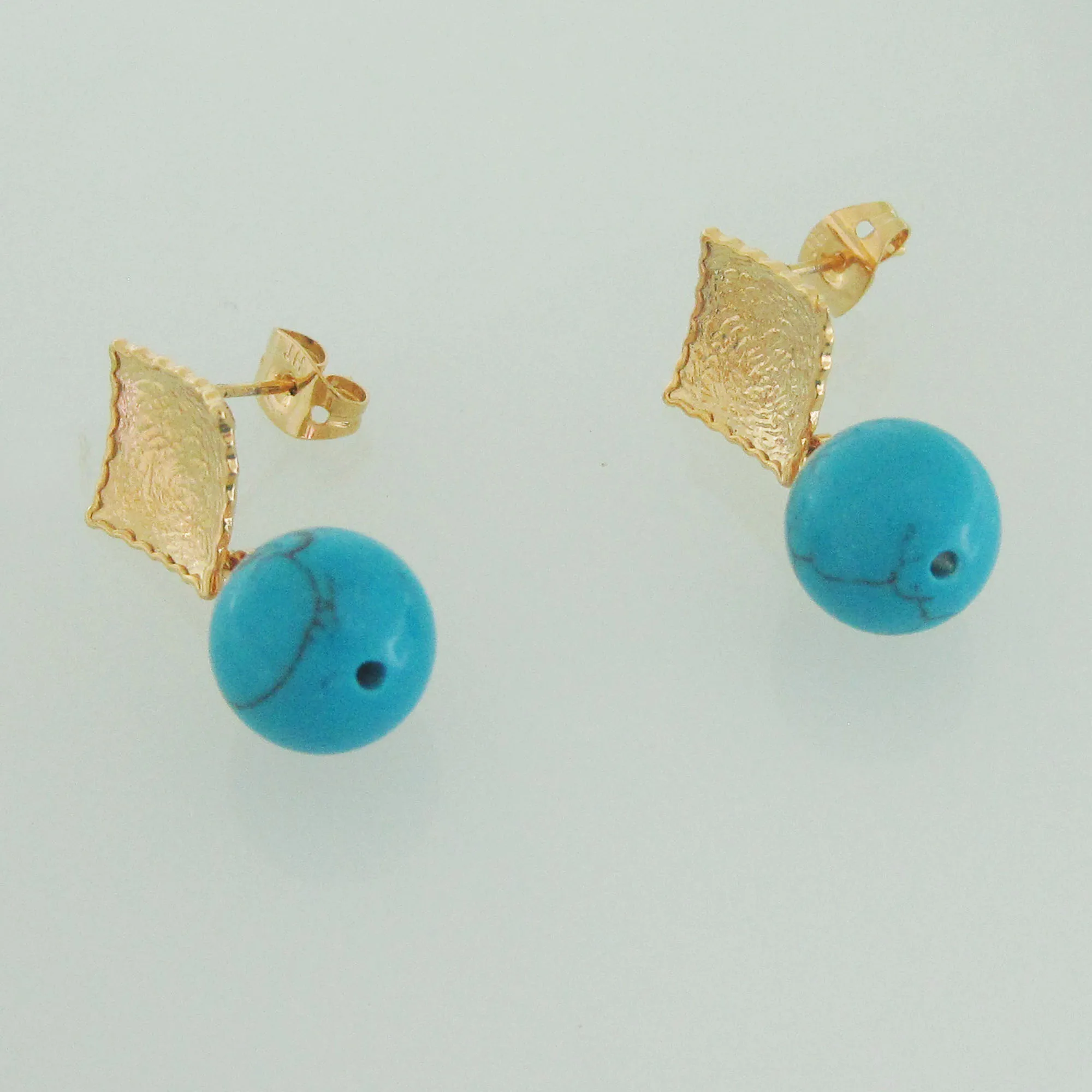 BALL BLUE STONE DANGLER SQUARE SHAPE SCRUB SURFACE STUD YELLOW GOLD COLOR OVERLAY FILLED BRASS EARRING GREAT GIFT