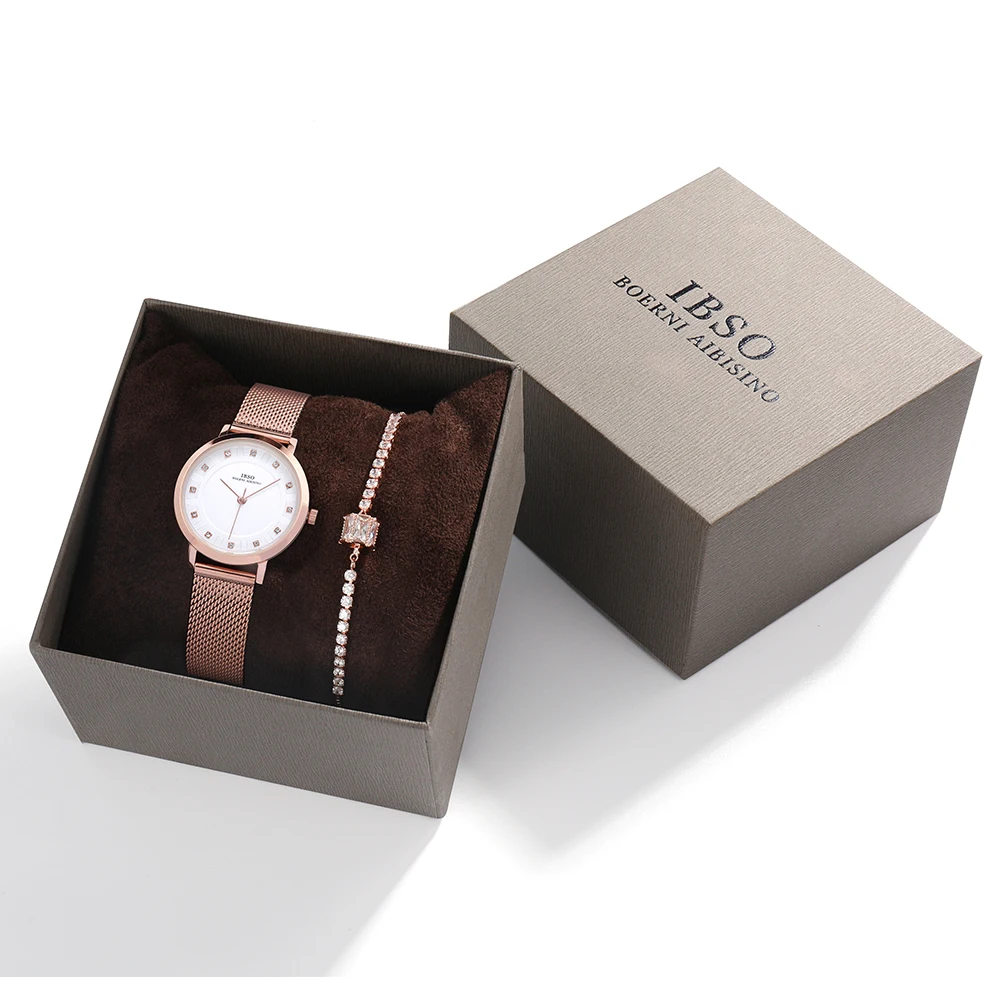 

IBSO Women's Watches Set 8mm Ultra thin Rose Gold Mesh Stainless Steel Strap Quartz Clock Hours Sets Ladies Relogio Masculino