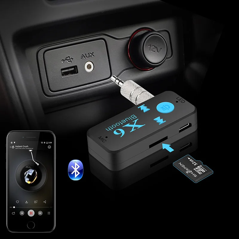 X6 A2DP EDR Handfree Car Kit Bluetooth 4.1 Receiver 3.5mm AUX Car Stereo Audio Music with Microphone Wireless Adapter TF