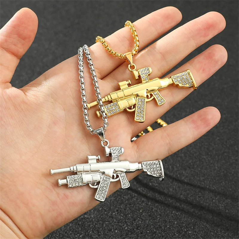 Men's Women's Hip Hop Assault Gun Pendant Rhinestone Necklace Women's Men's Jewelry Memorial Necklace For Military Fans