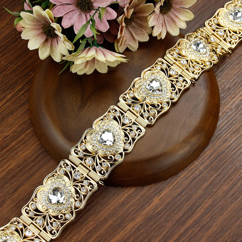 

Sunspicems Elegent Heart Crystal Morocco Belt For Women Gold Color Algeria Robe Caftan Belt Adjustable Length Wedding Jewelry