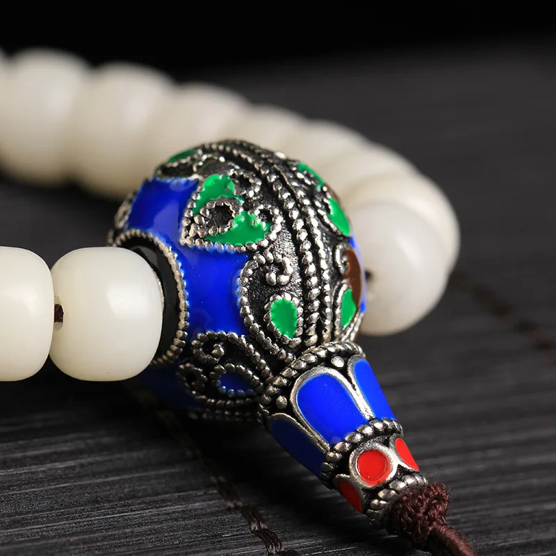 THREE COBBLER White Bodhi Beads 108 Rosary Ethnic Style Blue Guru beads Bracelets Buddha Prayer Japa Mala Jewelry