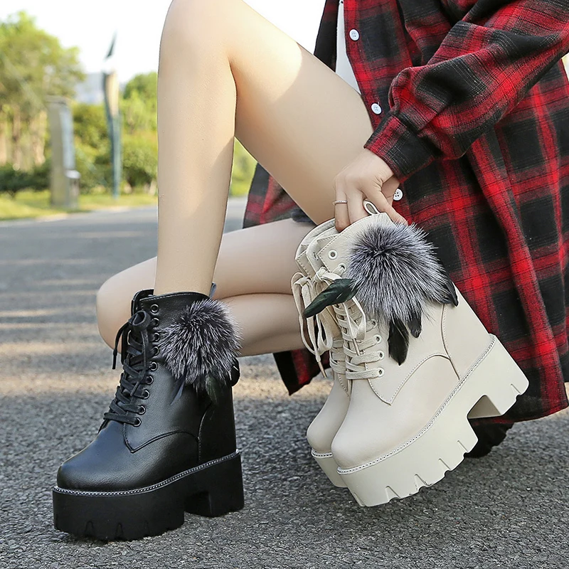 Women Platform Ankle Boots 2022 Winter Warm Fur Short Motorcycle Boots Woman 12CM High Heel Shoes Thick Sole Wedges Short Boots