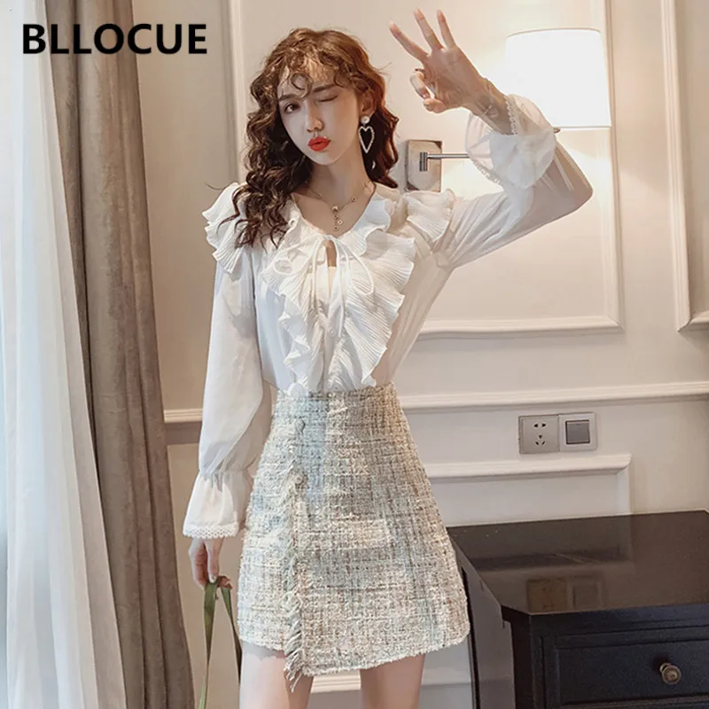 

BLLOCUE 2020 Spring Autumn Elegant Women 2 Piece Set Fashion Ruffled Bell Sleeve Chiffon Shirt Top + Irregular Tweed Skirt Suit