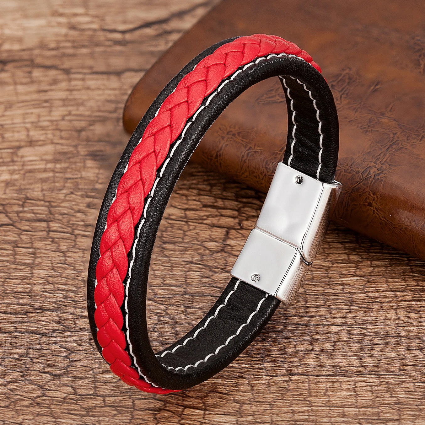 Punk Men Jewelry Red Black Braided Leather Bracelet Metal Magnetic Buckle Bracelets Charm Male Wrist Band Pulsera Hombre