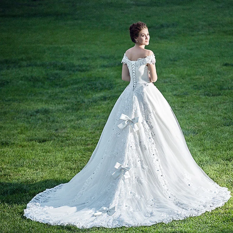 Vestido de novia con cuello de barco, manga de casquillo, vintage, nuevo, sexy, apliques con cuentas de cristal, lazos, madre de la novia