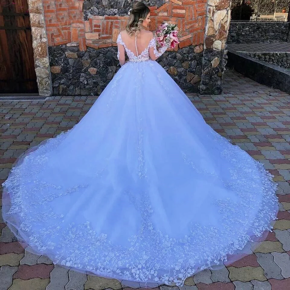 เจ้าหญิงสีขาวชุดบอลชุดแต่งงานชุด2021ใหม่ลูกไม้ Appliques แขนยาว Gowns แต่งงาน Plus ขนาด Robe De Mariee ที่กำหนดเองขนาด