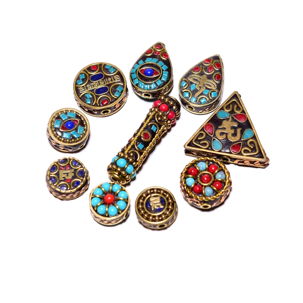 Wholesale Inlay Nepal Copper Various shapes beads pendant For Jewelry Making Beadwork Necklace DIY jewelry components