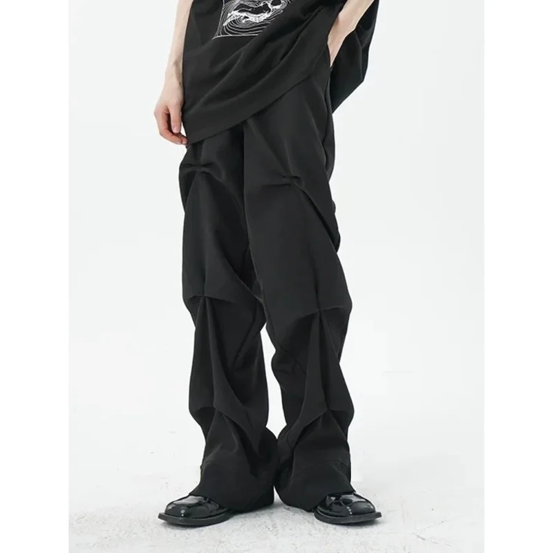 

High Street Vintage Pleated Pants Men Women Korean Casual Loose Couple Pants Female Streetwear Black Cargo Trousers S-2XL