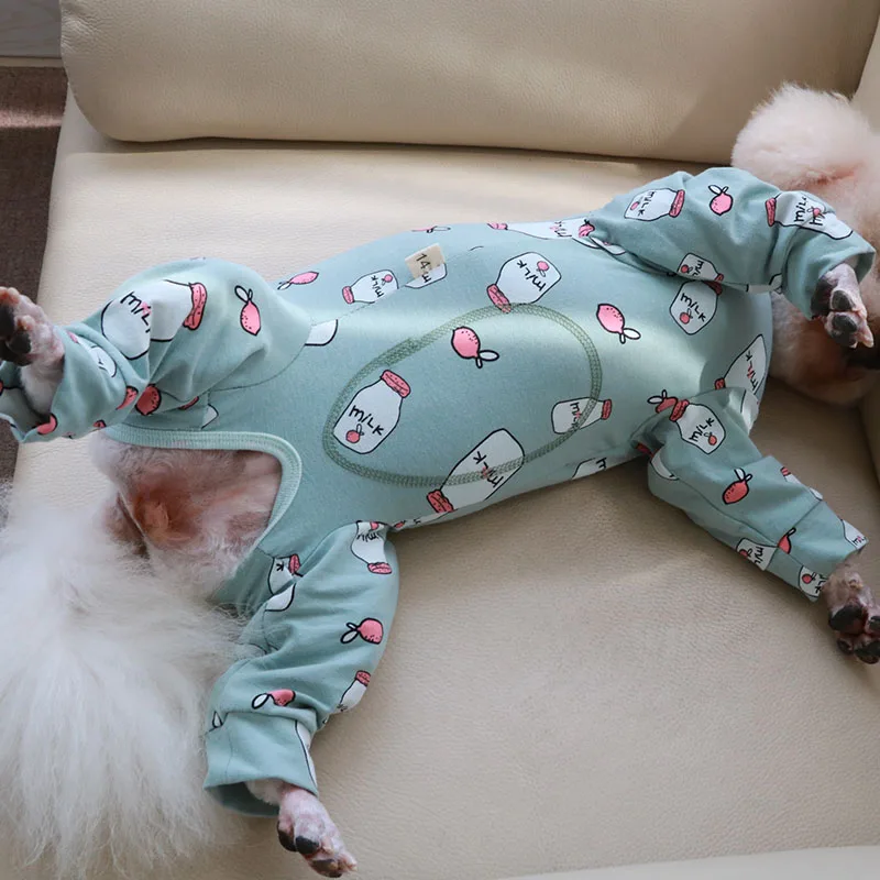 Pet Dog Jumpsuit Thin 100%Cotton Puppy Clothes Printed Overalls For Small Dogs Protect Belly Stretchy Pajamas Poodle Home Wear