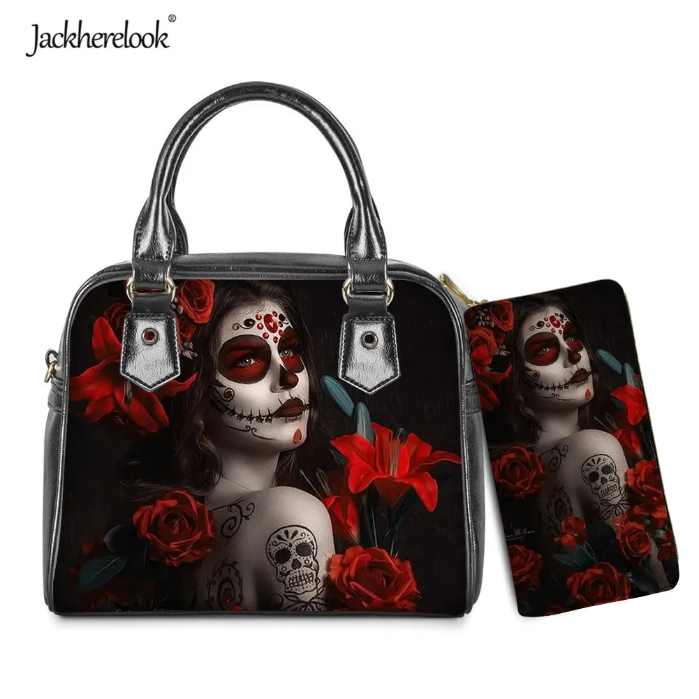 

Jackherelook Women Crossbody Bag Day of the Dead Gothic Skull Girl Print Handbag for Lady Female Messenger Bag Clutch Wallet Set