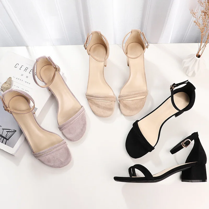 Fashion 2020 Summer Women's Sandals Flock Buckle Strap 4CM Thick High Heels Round Toe Shallow Back Strap women shoes size 35-40