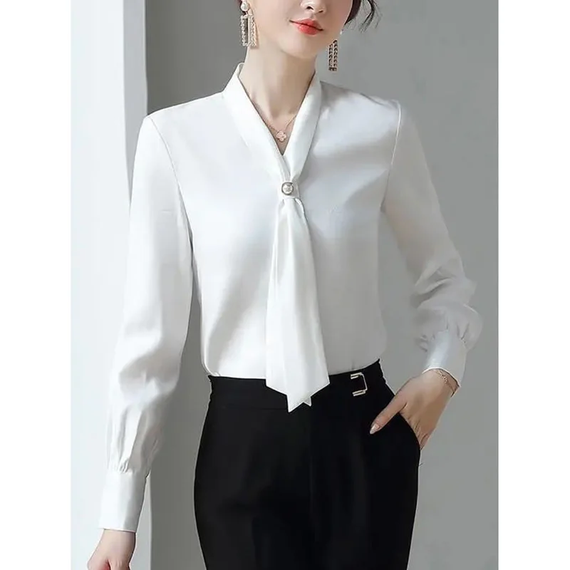 Bow Beading Elegant Chiffon Shirt Office Lady Fashion Casual All-match Blouse Commuter Basic Solid V-Neck Chic Women\'s Blouses