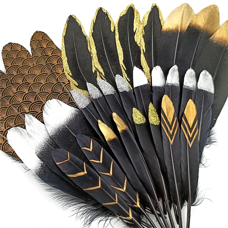 20Pcs Gold Dipped Black Goose Feathers for Decoration Golden Duck Feather Handicraft Accessories Table Centerpieces DIY Plumas