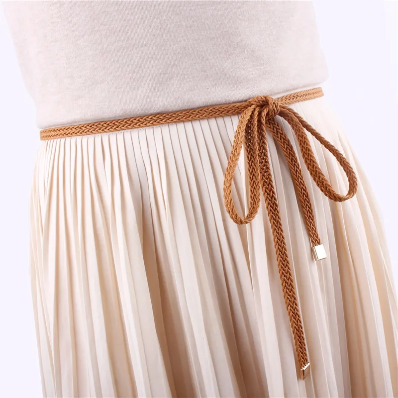 Girls Vintage Brown Thin Belts For Women Dress Knitted Woven Braided Strap Belt Waist Knotted Rope Luxury Fashion Ladies