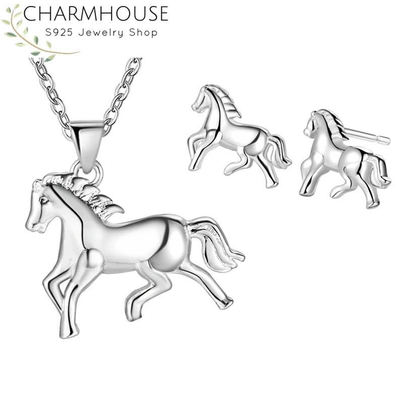 Silver Plated Jewelry Sets for Women Horse Stud Earring Necklace Brincos Collier 2pcs Set Trendy Accessories Gifts