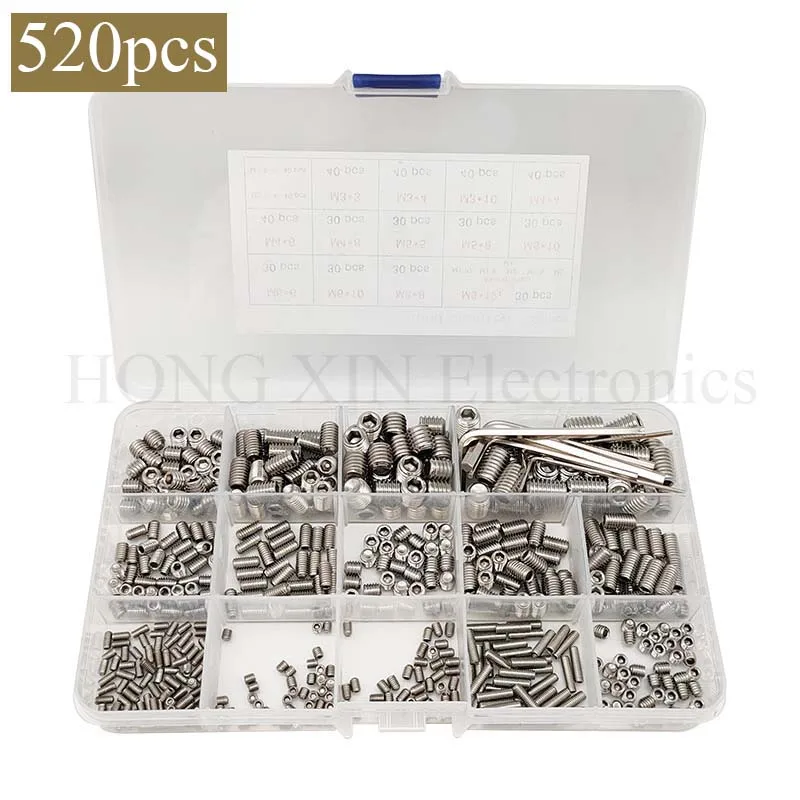 

304Stainless Steel Wood Grub Screws M2/M3/M4/M5/M6/M8 Hex Bolt Assortment kit Socket Head Cap Cup Screw 520pcs/Set