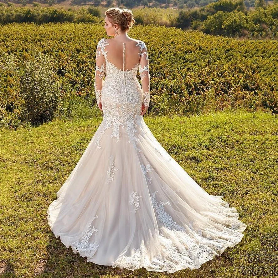 Abiti da sposa a sirena taglie forti elegante scollo a V maniche lunghe trasparenti pizzo abiti da sposa stile Country Illusion Back Robe De Mariee