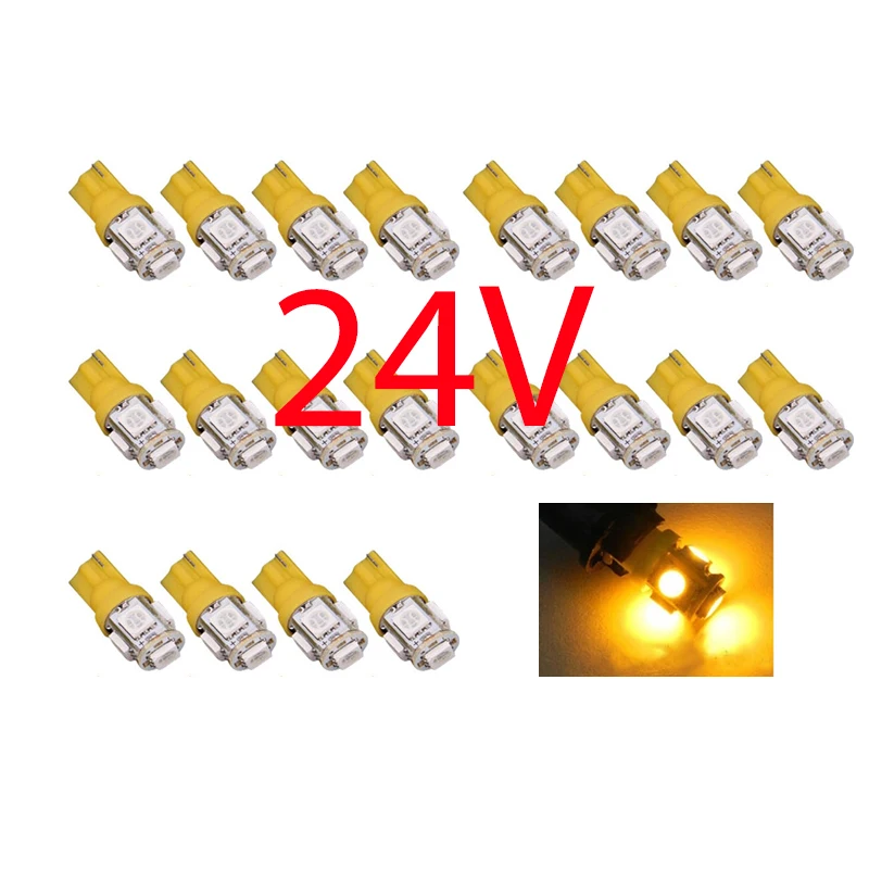 

20 шт. Желтый T10 W5W 5050 5SMD 168 194 192 DC 24V номерной знак светодиодные лампы для салона автомобиля лампа для чтения лампа для багажника