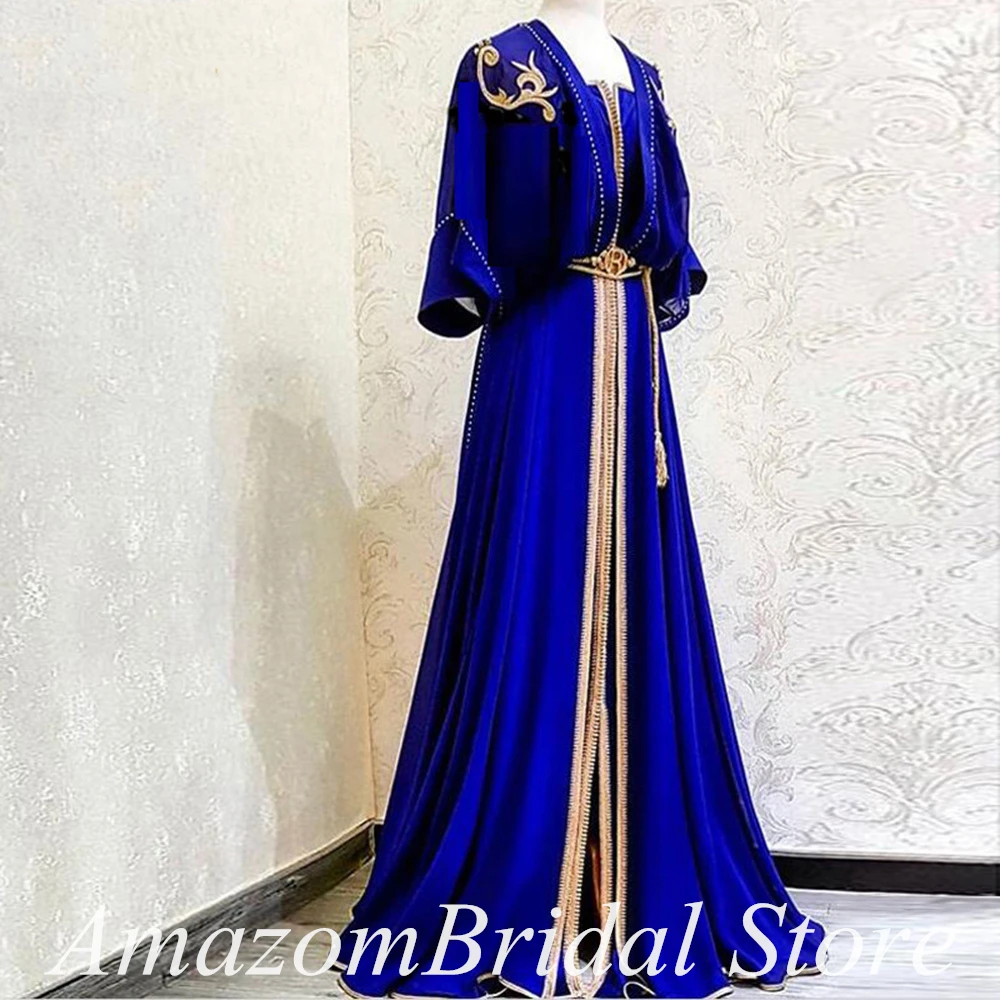 Elegante azul real muçulmano formatura vestidos de noite frisado formal árabe festa celebridade vestidos robe soirée femme vestidos de noche