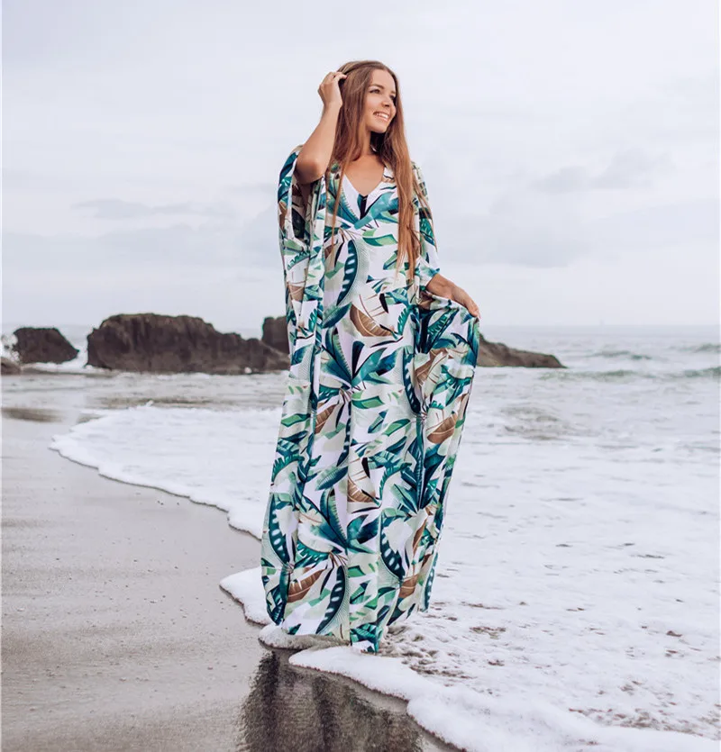 Bohemian Lá In Hình Bikini Bao-Bộ Lưu Điện Rời Cổ Chữ V Đi Biển Mùa Hè Áo Đầm Voan Áo Thun Nữ Đi Biển Dài Đầm Che