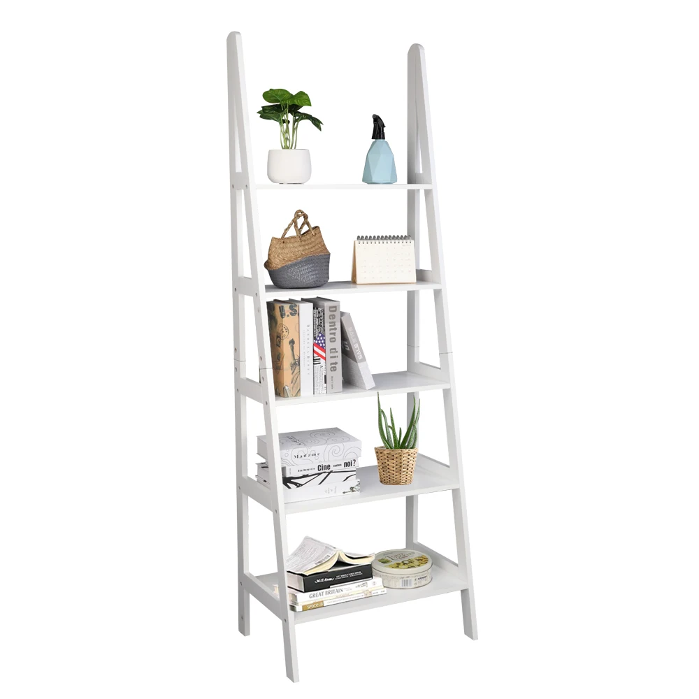 Ladder Shelf 5-Tier Multifunctional Modern Wood Plant Flower Book Display Stand Home Office Leaning Storage Rack White[US-Stock]