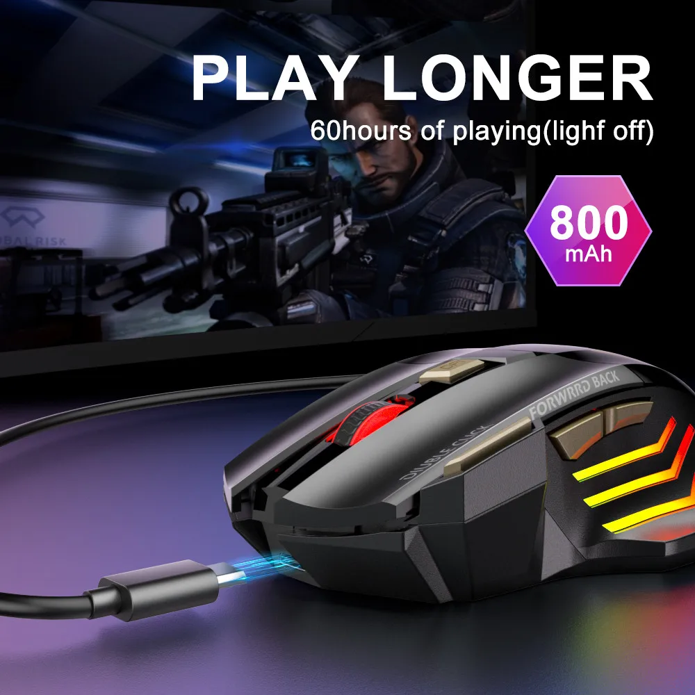 Ratón inalámbrico con Bluetooth para ordenador portátil, recargable, portátil, silencioso, ergonómico, retroiluminación RGB, Gamer, PC