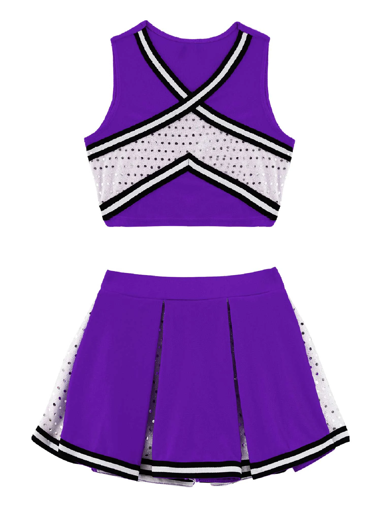 Kids Girls Cheerleading Suits Girls Dance Costumes Scrisscross Striped Top With Elastic Waistband Skirt Sequins Sport Outfit