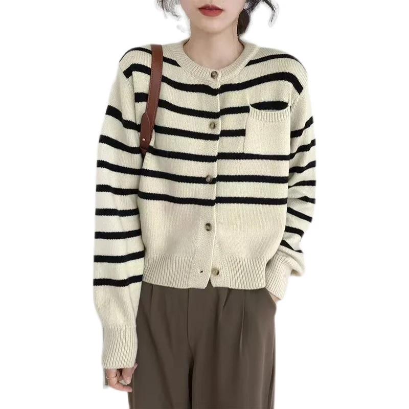 Fashion striped cashmere cardigan sweater Spring and autumn round neck loose pocket jacket sweater