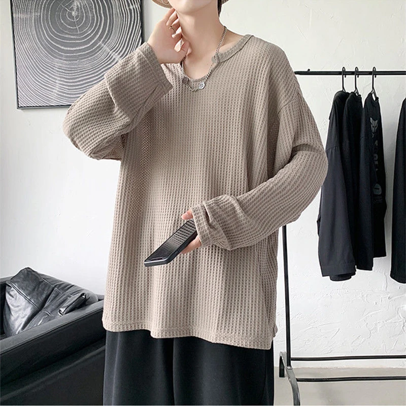 Autumn Waffle Plaid V Neck Long Sleeve Men Tshirts Loose Oversize Fashion White Black Brown Split Fork Top Breathable Streetwear