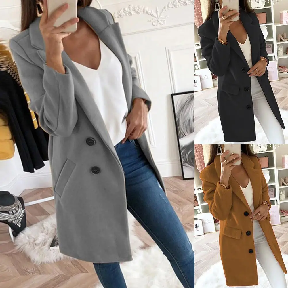 Fashion Women Jacket Autumn Winter Solid Color Lapel Overcoat Buttons Pockets Open Stitch Top Long Warm Keeping Coat Outerwear