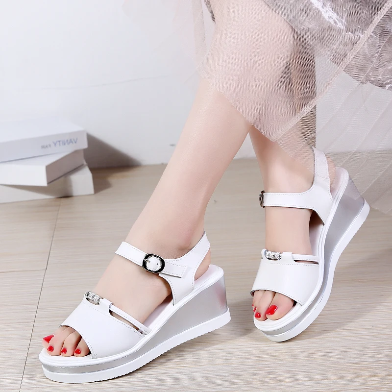 

Leather summer Women sandals shoes Platform Buckle ladies white Sneakers Sandals Woman open toe Male Quality High Heel 6.0 CM