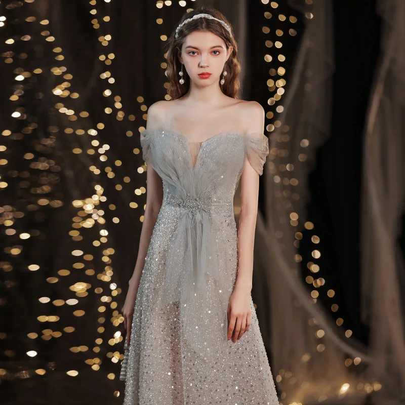 Gorgeous Formal Evening Dress Strapless Off Shoulder Delicate Sequins Backless Bandage Slim A Line Female Banquet Dress