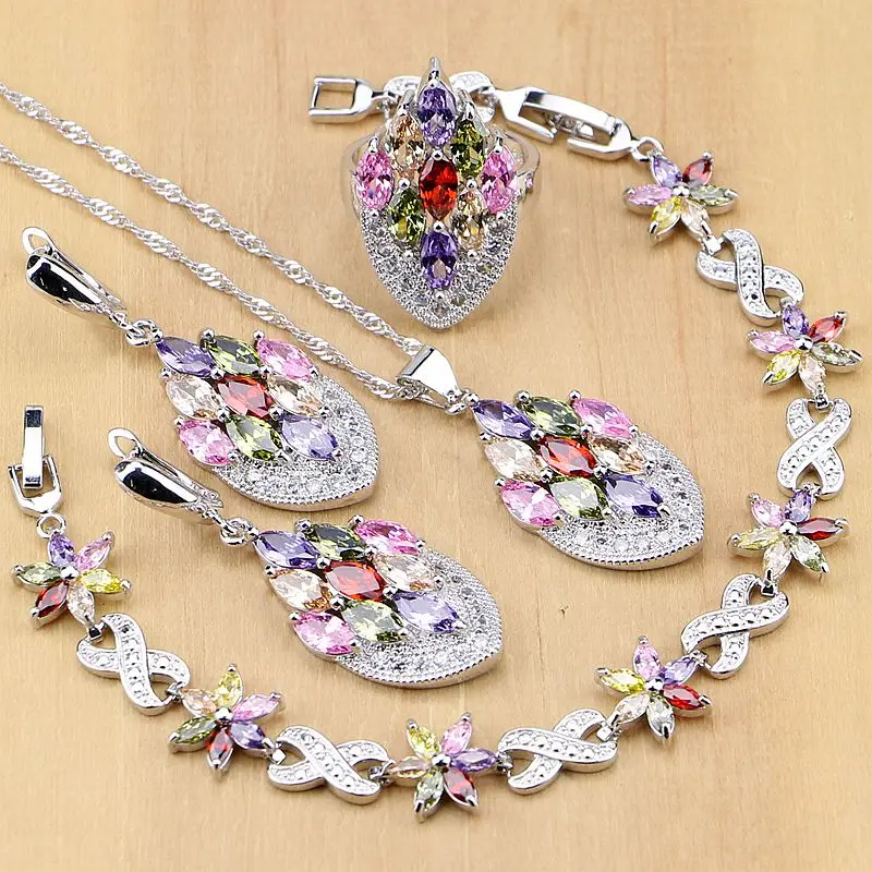 Flower Multicolor Zircon Beads 925 Silver Jewelry Sets For Women Wedding Earrings/Pendant/Ring/Bracelet/Necklace Set