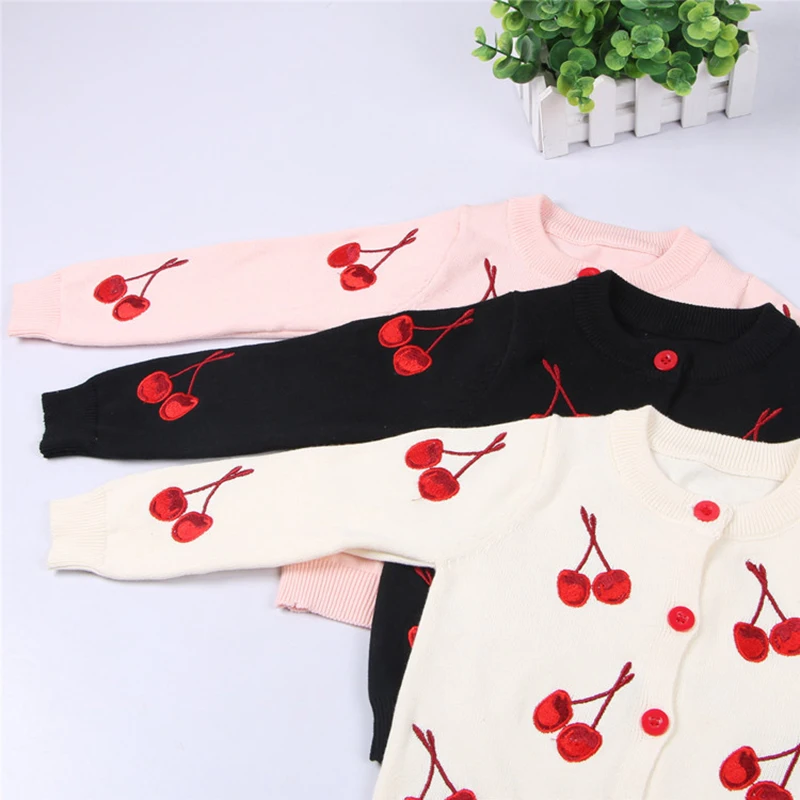 1-6Yrs Baby Boys Girls Cherry Embroidery Cardigan Coat Children Clothing Boys Girls Long Sleeve Knitted Kids Cardigan Coat