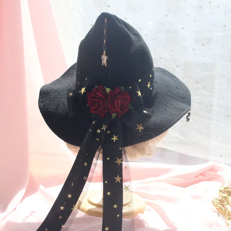 Vintage Star Magia Gothic Girl cappello Da Mago Lolita Halloween Cappello della Strega Accessori Puntelli Catena del Branello Fiocco Rosa Del Partito Ha Raggiunto Il Picco Cap
