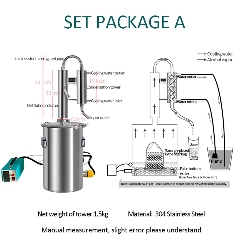 NEW 304 stainless steel double tower distiller home brewing moonshine machine with heating rod temperature control box