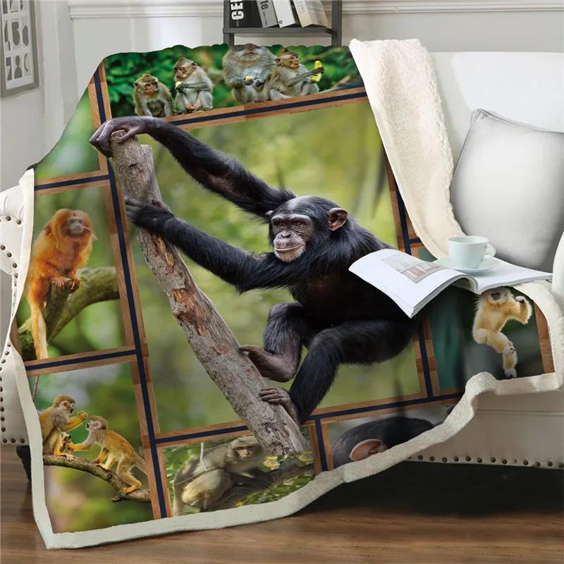 

3D Wild Monkey Sherpa Blanket 3D Animal Plush Throw Blanket Thicken Quilt Couch Cover Soft Flannel Washable Bedspread Home Decor