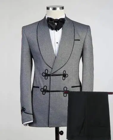 

Houndstooth Smoking Jacket Chinese Button Double Breasted Men Suit Formal Tuxedos Dinner Party Prom Blazer 2 Piece (Jacket+Pant)