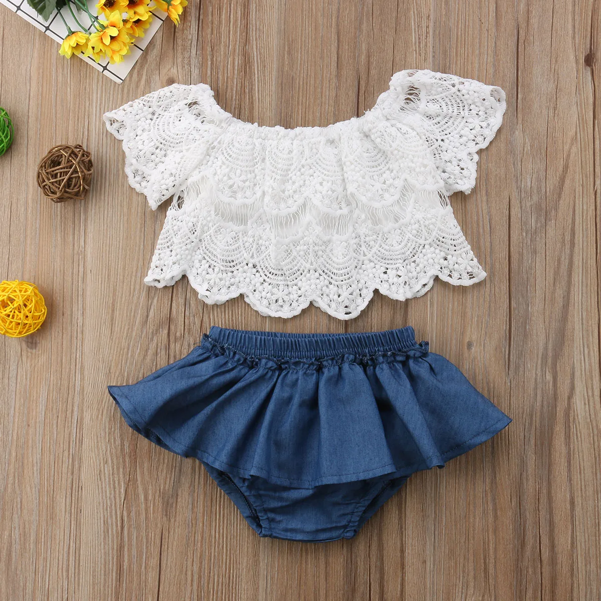 Summer Baby Girls Toddler Off Shoulder White Lace Tops+Denim Shorts Dress Outfits Clothes Children's Clothing Girls Sets