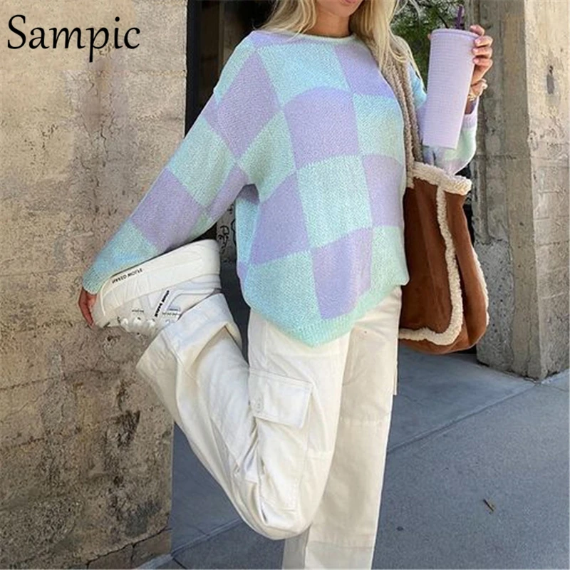 

Y2K New Sweater Tops Women Loose Long Sleeve Oversized Sweater Jumpers Sampic Casual Winter Plaid O Neck Pullovers Knitwear