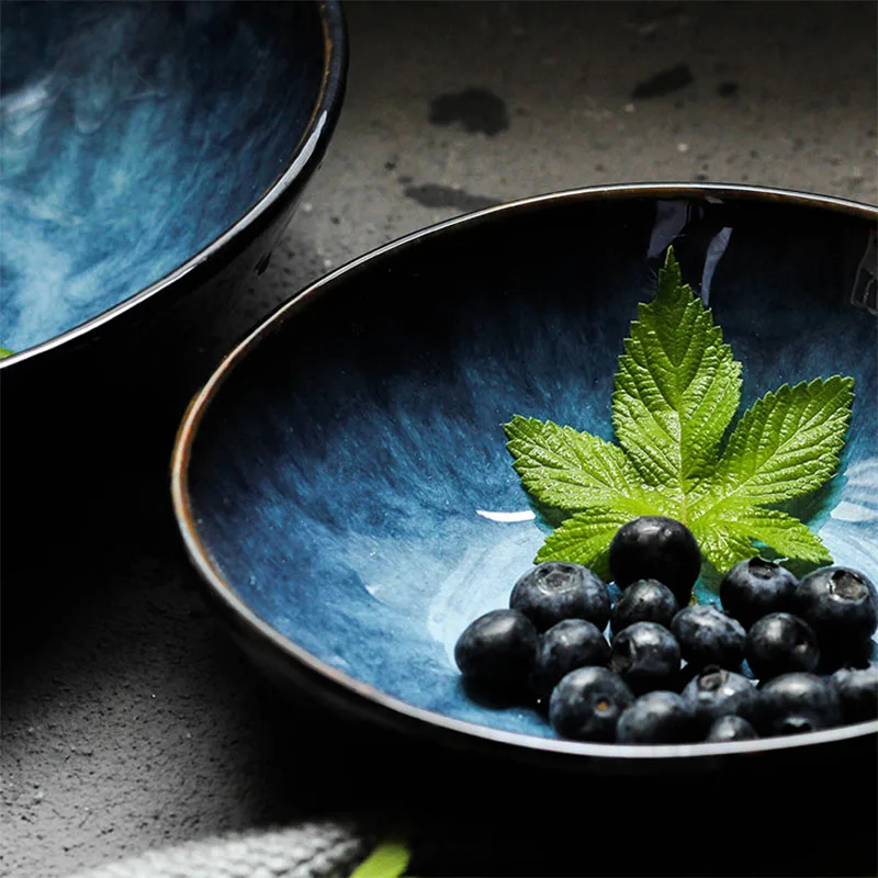 KINGLANG Blue Colored 3 Sizes Ceramic Bowls Nordic Salad Noodle Big Soup Bowl Wholesale Restaurant Tableware Supplies