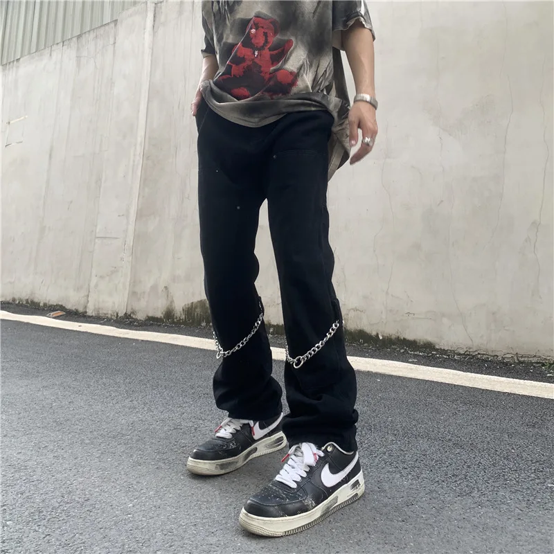 ICCLEK American High Street Jeans Loose Pull Jeans Fashion Straight Leg Pants Casual Pants Men Jeans  Low Rise Jeans