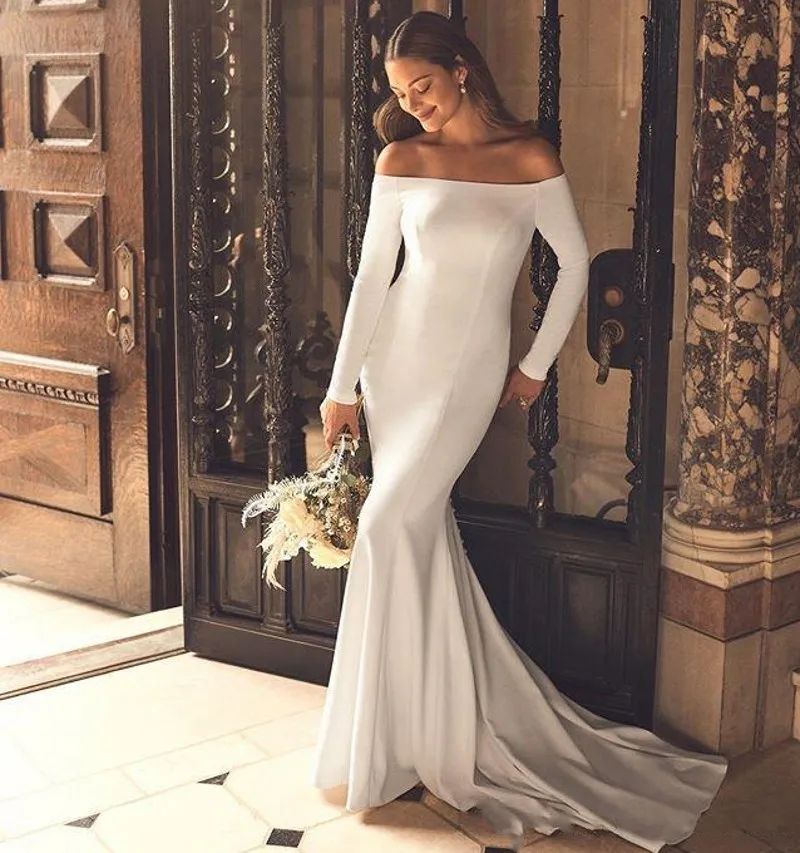 

Simple Satin Wedding Dresses Long Sleeves Off the Shoulder Buttons Mermaid Bridal Gowns Vestidos De Mariage