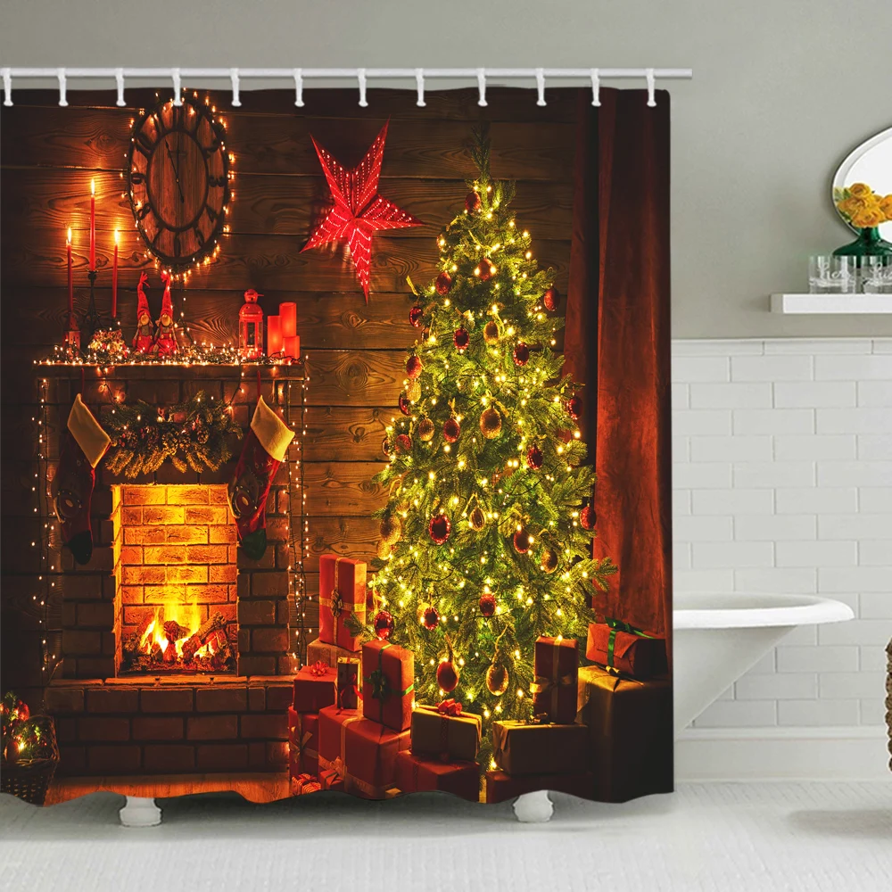 

Christmas wooden board lanterns snowman decoration shower curtain bathroom partition curtain optional bathroom mat kit