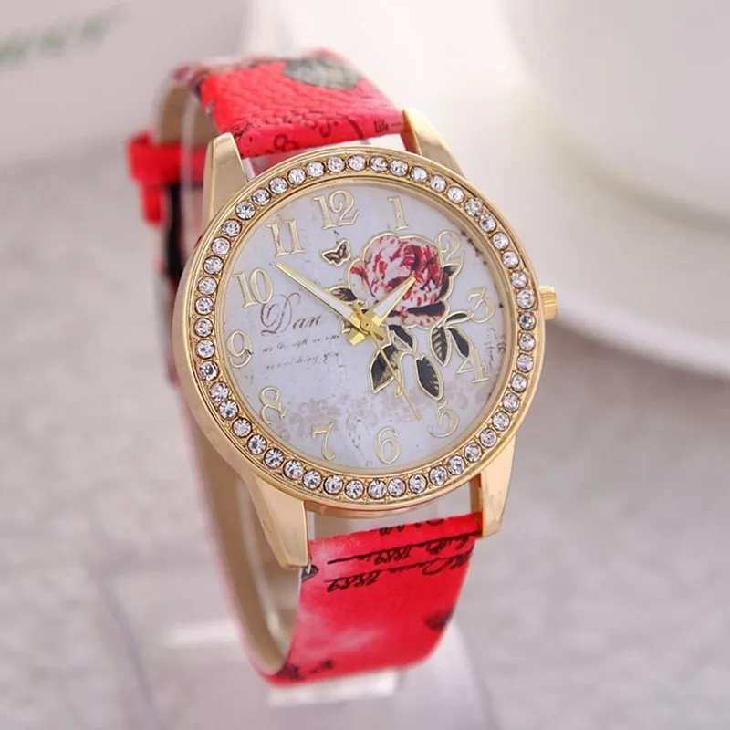 Fashion Women Print Rose Pattern Rhinestone Wrist Watch Casual Clock Quartz watch reloj mujer relogio feminino reloj hombre Ladi