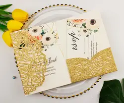 free shipping 1X Laser Cut Tri-fold White Rose Gold floral pocket fold Wedding Invitation Card Invite RSVP Customize envelope