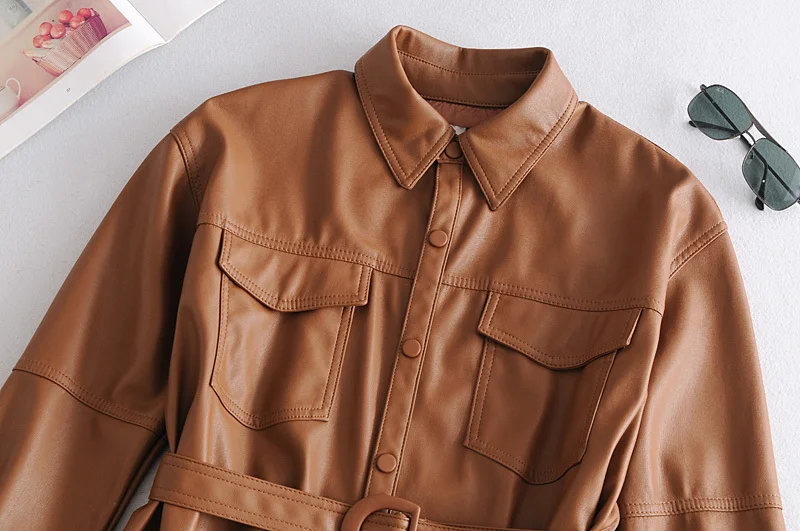 2021 marke Faux Weiche Lederjacken Mäntel Dame Khaki einreiher Pu Shirt Neue Herbst Winter Casual Langarm Tops bluse