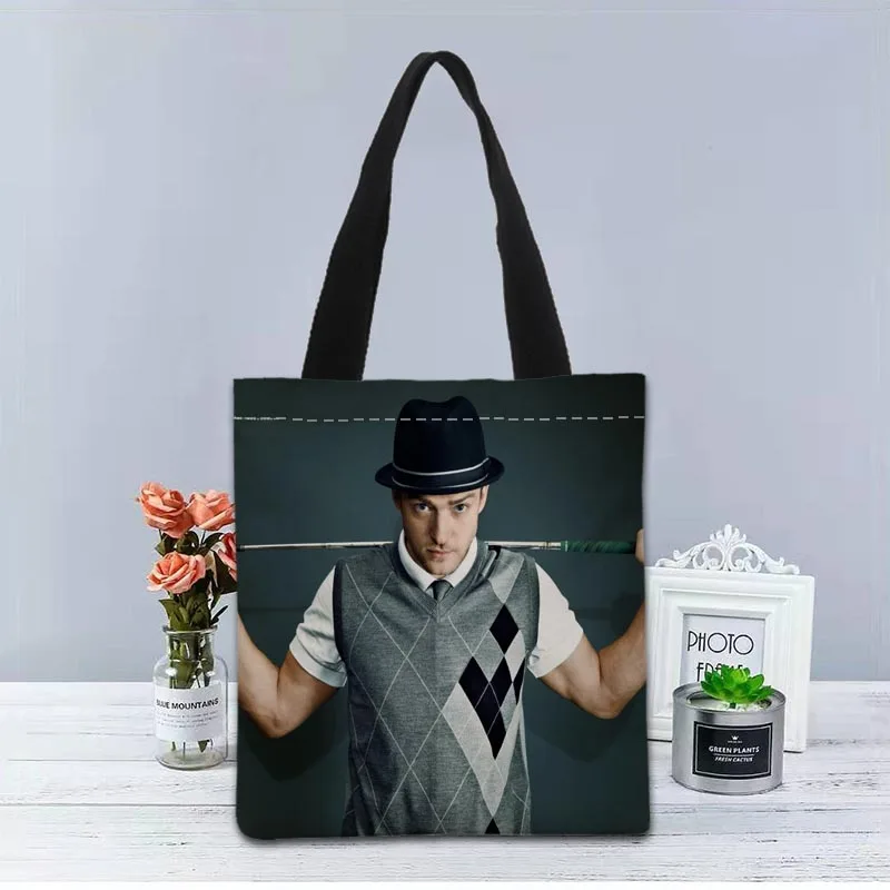 Logotipo personalizado justin timberlake impresso bolsa de lona sacolas compras viagem casual útil bolsa de ombro feminina 1208