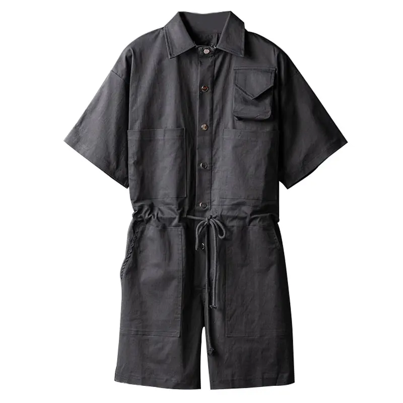 Summer Short Sleeve Jumpsuit Men Overalls Lapel Multi Pocket Straight Loose Drawstring Tie Waist Green Black Casual Shorts Pants